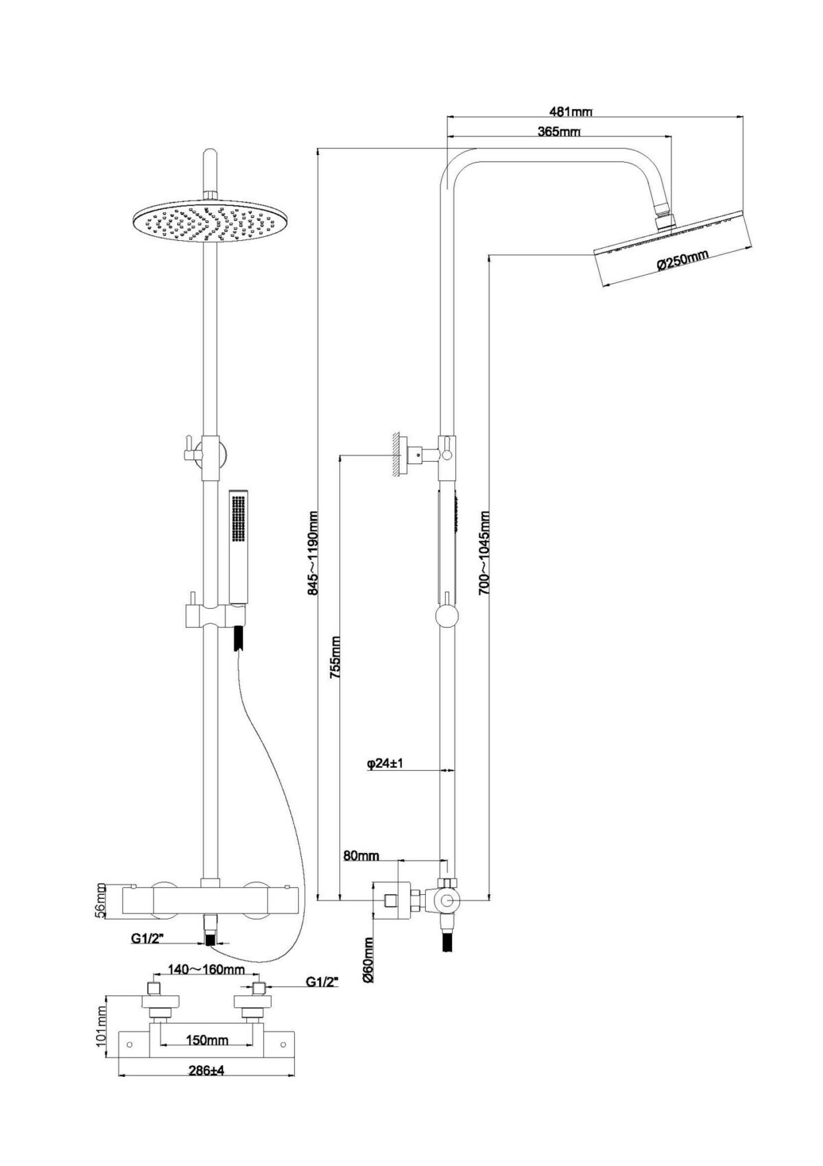 Wiesbaden Caral douche-opbouwset + therm. mengkraan geborsteld messing - Afbeelding 2